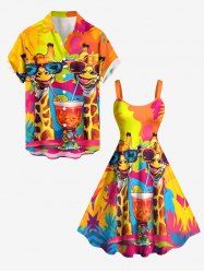 Tenue de plage hawaïenne assortie pour couples avec imprimé colorblock girafe et jus de fruits - Orange 
