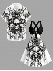 Tenue de plage assortie pour couples motif crâne et fleurs Hawaï - Noir 