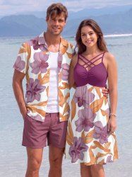 Flower Tropical Leaf Print Matching Hawaii Beach Outfit For Couples -  