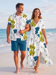 Tenue de plage hawaïenne assortie pour couple à imprimé fleurs et feuilles - Blanc 