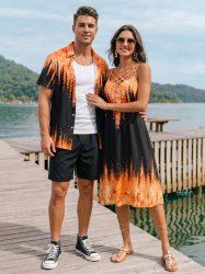 Tenue de plage hawaïenne assortie pour couple avec imprimé tie-dye flammes - Orange 