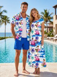 Flamingo Coconut Tree Print Matching Hawaii Beach Outfit For Couples -  
