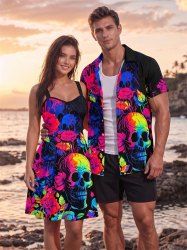 Tenue assortie pour couples avec imprimé crânes, fleurs et feuilles - style plage hawaïenne - Violacé rouge 