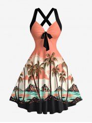 Robe débardeur hawaïenne à imprimé cocotier, soleil, montagne et paysage marin, bretelles croisées, nœud - Rose clair XXXL