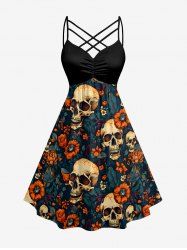 Skulls Flower Leaf Print Ruched Lattice Crisscross Straps Hawaii Dress -  