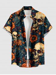Chemise hawaïenne pour homme à imprimé crânes, fleurs et feuilles, avec boutons et poche - Paon Bleu S