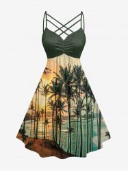 Coconut Tree Sun Seascape Print Ruched Lattice Crisscross Straps Hawaii Dress - Vert profond 6X