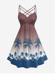 Ombre Coconut Tree Print Hawaii Ruched Crisscross Strappy A Line Dress - marron foncé 6X