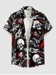 Skulls Lightning Fire Flame Letter Guitar Print Hawaii Button Pocket Shirt For Men -  
