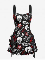 Skulls Lightning Fire Flame Letter Guitar Print Hawaii Lace Up A Line Dress - Noir S