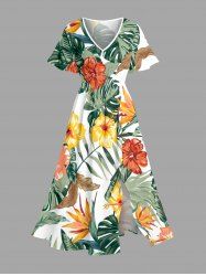 Robe mi-longue coupe A imprimé feuilles tropicales et hibiscus, poches fendues style Hawaï -  6X