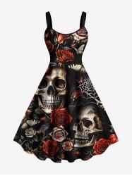 Robe trapèze Halloween imprimé crânes, fleur, papillon et toile d'araignée - Rouge foncé 3X
