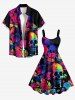 Tenue assortie pour couples avec imprimé crânes, fleurs et feuilles - style plage hawaïenne - Violacé rouge 