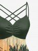 Robe hawaïenne à imprimé cocotier, soleil et paysage marin, bretelles croisées froncées en treillis - Vert profond M