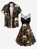 Robe Hawaii à imprimé crânes, fleurs et feuilles, bretelles entrecroisées froncées en treillis - Paon Bleu M