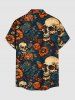 Chemise hawaïenne pour homme à imprimé crânes, fleurs et feuilles, avec boutons et poche - Paon Bleu S