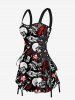 Skulls Lightning Fire Flame Letter Guitar Print Hawaii Lace Up A Line Dress - Noir S