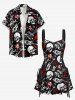 Skulls Lightning Fire Flame Letter Guitar Print Hawaii Lace Up A Line Dress - Noir S