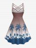 Ombre Coconut Tree Print Hawaii Ruched Crisscross Strappy A Line Dress - marron foncé 6X
