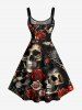 Robe trapèze Halloween imprimé crânes, fleur, papillon et toile d'araignée - Rouge foncé 3X