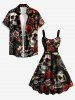 Robe trapèze Halloween imprimé crânes, fleur, papillon et toile d'araignée - Rouge foncé 3X