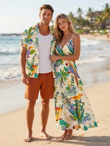 Tenue de plage Hawaii assortie pour couples avec imprimé feuillage tropical et perroquet
