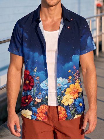 Chemise hawaïenne pour hommes à imprimé ombré galaxy fleurs avec poche boutonnée - DEEP BLUE - 6XL