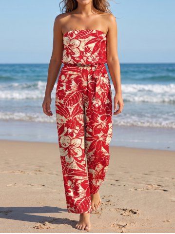 Hibiscus Flowers Tropical Leaf Print Pocket Hawaii Jumpsuit With Removable Belt and Shoulder Straps - RED - XXS