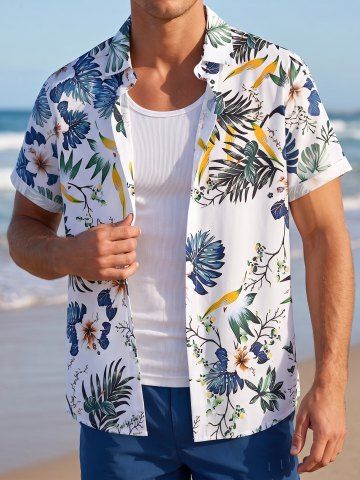 Flowers Tropical Leaf Print Buttons Pocket Hawaii Shirt For Men