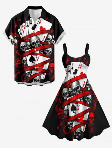 Tenue de plage Hawaii assortie pour couples avec imprimé crânes et cartes de poker - RED