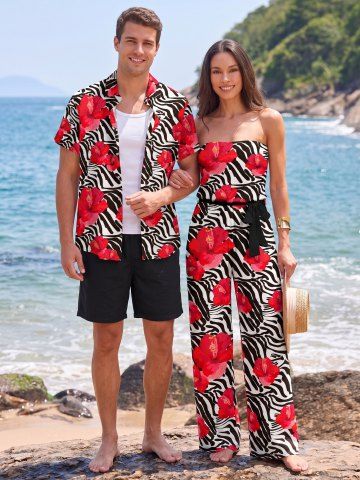 Tenue de plage assortie pour couple à imprimé zèbre à fleurs d'hibiscus - RED