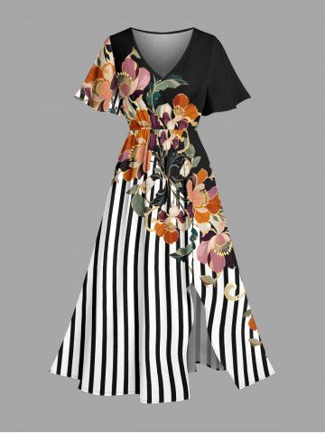 Robe midi A-ligne à imprimé rayures fleurs et feuilles Hawaii avec poches fendues - BLACK - L