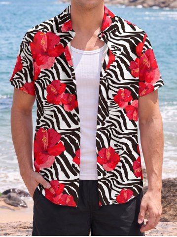 Chemise hawaïenne à imprimé fleur d'hibiscus et rayures zèbre, avec poche boutonnée pour homme