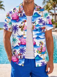 Chemise hawaïenne pour homme à imprimé flamant et cocotier, avec poche boutonnée - Bleu Ciel S