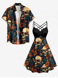 Tenue de plage hawaïenne assortie pour couples à imprimé crânes fleurs feuilles - Paon Bleu 