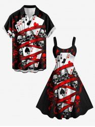 Tenue de plage Hawaii assortie pour couples avec imprimé crânes et cartes de poker - Rouge 
