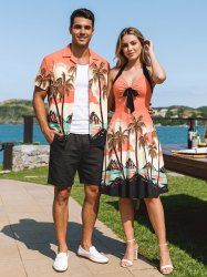 Coconut Tree Sun Mountain Seascape Print Matching Hawaii Beach Outfit For Couples -  