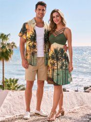 Tenue de plage hawaïenne assortie pour couple avec imprimé cocotier, soleil et paysage marin - Vert profond 