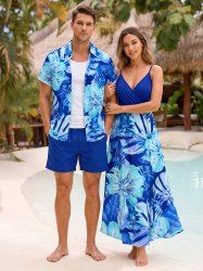 Flowers Tropical Leaf Print Matching Hawaii Beach Outfit For Couples -  