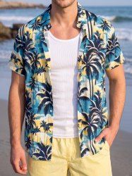 Chemise hawaïenne pour homme à imprimé nuage et cocotier, à boutons et poche - Bleu Ciel S