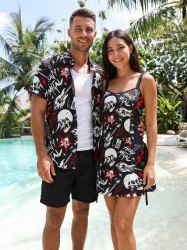 Tenue de plage Hawaii assortie pour couples avec imprimé crânes, éclair, feu, flamme, lettre et guitare - Noir 