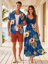 Tenue assortie pour couple - imprimé fleurs d'hibiscus et feuilles tropicales - tenue de plage hawaïenne - Bleu profond 