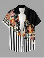 Chemise hawaïenne à imprimé rayures fleurs et feuilles, avec boutons et poche, pour homme - Noir M