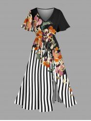 Robe midi coupe A à imprimé rayures fleurs et feuilles Hawaii avec poche fendue - Noir 5X
