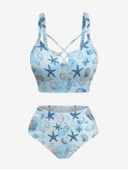 Shell Starfish Ombre Sea Print Hawaii Lace Up Tankini Swimsuit (Adjustable Shoulder Strap) -  