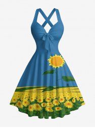 Robe trapèze Hawaii à imprimé feuilles de tournesol, halter à bretelles croisées - Bleu Ciel XL