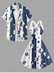 Tenue de plage hawaïenne assortie à imprimé floral et rayé pour couples - Cadetblue 