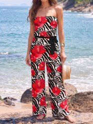 Combinaison Hawaï à imprimé fleur d'hibiscus et rayures zèbre avec ceinture et bretelle amovibles - Rouge 3X