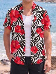 Chemise homme Hawaï à imprimé fleur d'hibiscus et rayures zèbre, avec poche boutonnée - Rouge L