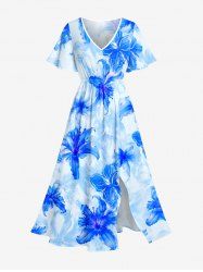 Flowers Watercolor Print Split Hawaii Midi Dress -  